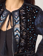 Kelly Hand-Beaded Paisley Velvet Jacket, Blue (MIDNIGHT), large