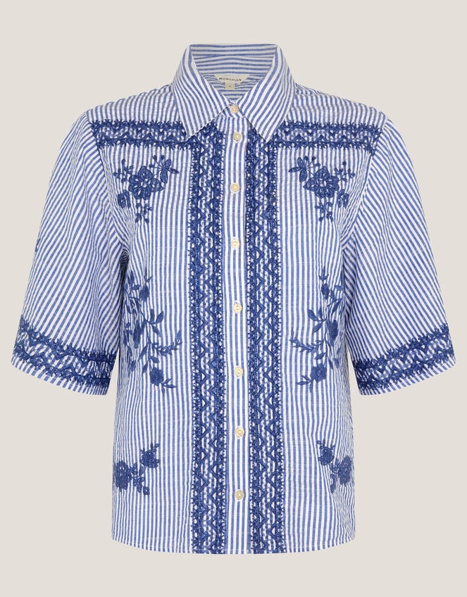 Marlowe Floral Embroidered Stripe Shirt, Blue (BLUE), large