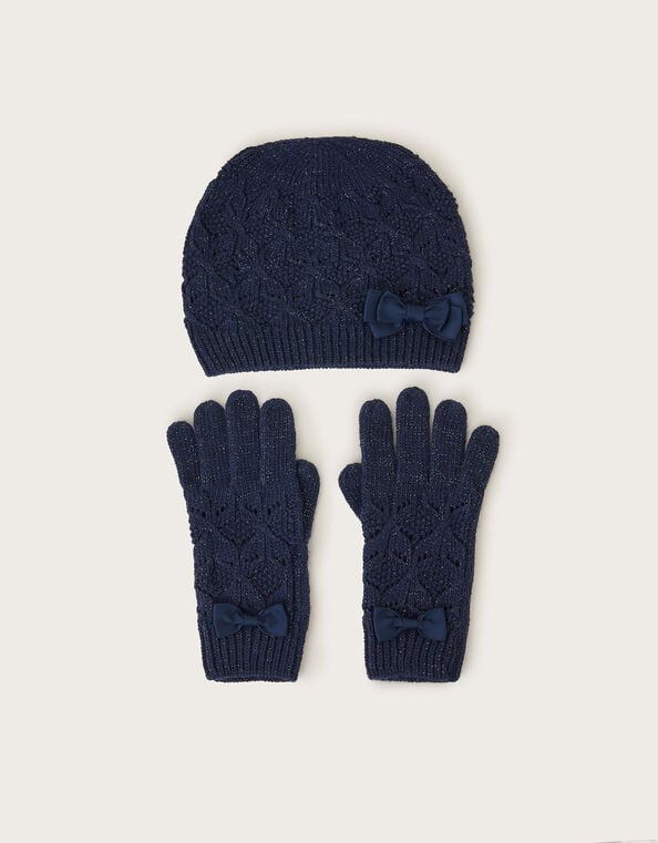 Sparkle Bow Hat and Gloves Set, Blue (NAVY), large
