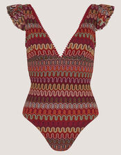 Zaria Plunge Crochet Ruffle Swimsuit, Red (BURGUNDY), large