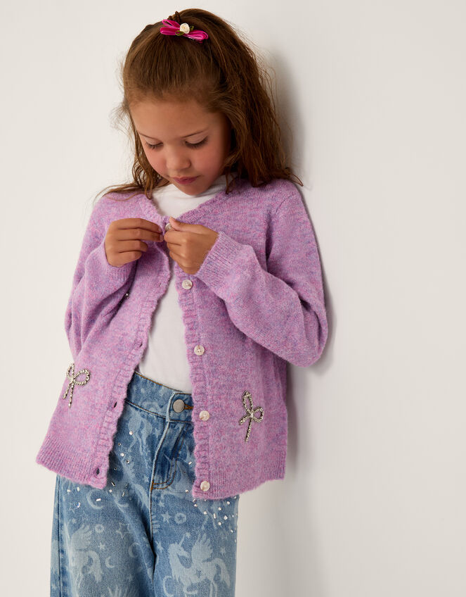 Rhinestone Bow Embellished Cardigan, Purple (PURPLE), large