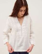 Jayla V-Neck Lace Linen Blouse, White (WHITE), large
