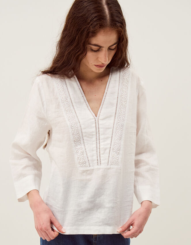 Jayla V-Neck Lace Linen Blouse, White (WHITE), large