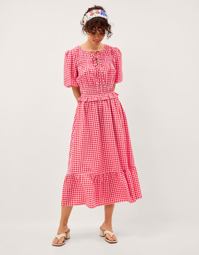 Mel Puff Sleeve Gingham Midi Dress, Red (RED), large