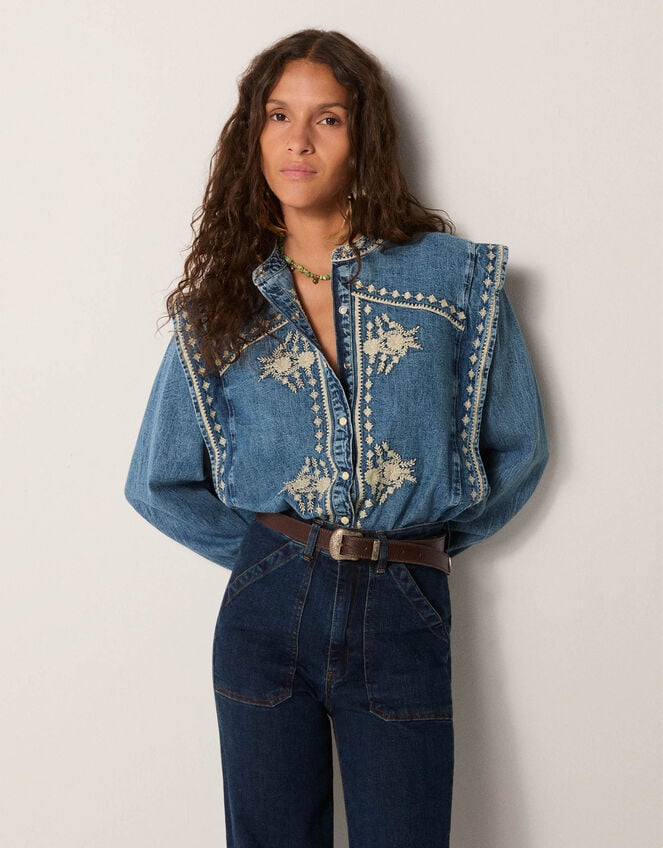 Maison Hotel Narciso Embroidered Denim Blouse, Blue (LIGHT BLUE), large