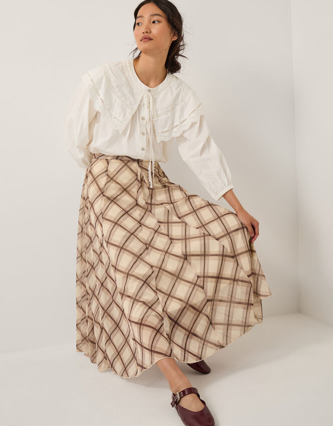 Chelsea Check Print Midi Skirt, Natural (NATURAL), large
