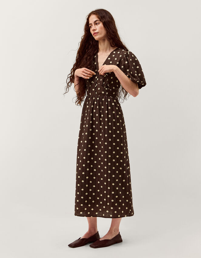Paris Puff Sleeve Polka Dot Midi Dress, Brown (CHOCOLATE), large