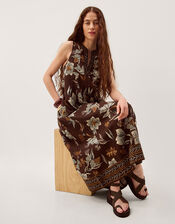 Esther Floral Linen Blend Midi Dress, Brown (CHOCOLATE), large