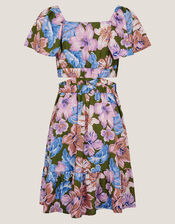 Floral Short Sleeve Cut Out Dress, Green (KHAKI), large