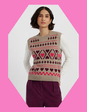 Chinti & Parker Diamond Heart Knitted Vest, Camel (OATMEAL), large