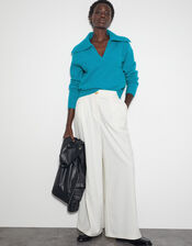 Clover V-Neck Collar Jumper, Blue (TURQUOISE), large