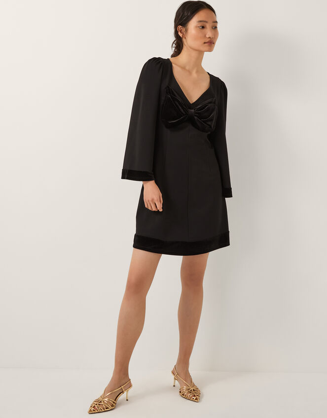 Blair Velvet Bow Long Sleeve Mini Dress, Black (BLACK), large