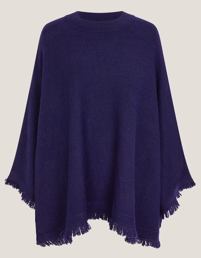 Fay Fringe Trim Poncho , Blue (NAVY), large