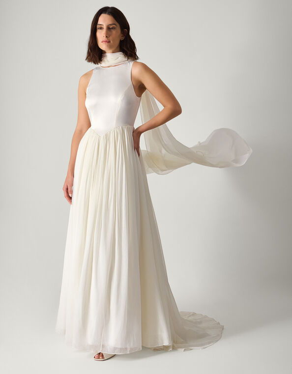 Margo Drop Waist Wedding Dress & Scarf, Ivory (IVORY), large