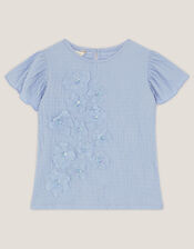 Embellished Floral Appliqu&eacute; Top, Blue (BLUE), large