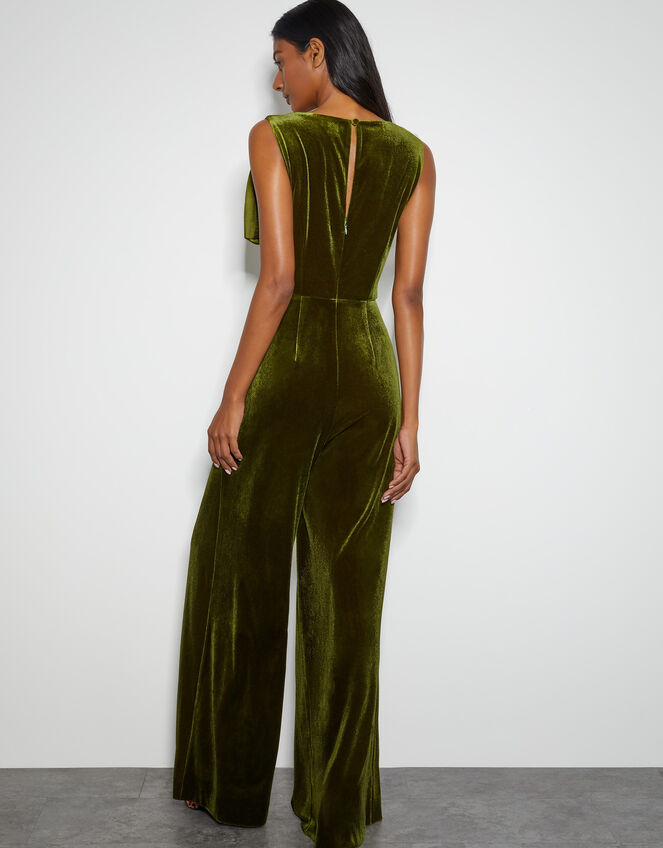 Monsoon x Sarah Corbett-Winder Satin Bow Velvet Jumpsuit, Green (GREEN), large