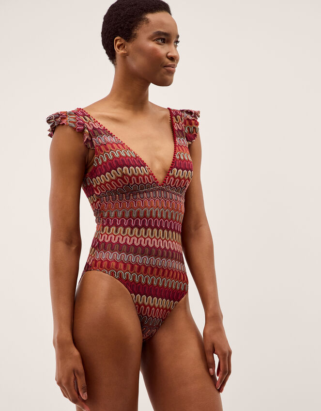 Zaria Plunge Crochet Ruffle Swimsuit, Red (BURGUNDY), large