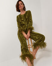 Olivia Feather Cuff Velvet Trousers, Green (OLIVE), large