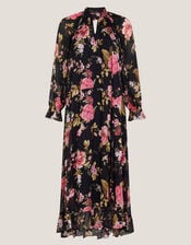 Mariel Floral Print Trapeze Midi Dress, Black (BLACK), large