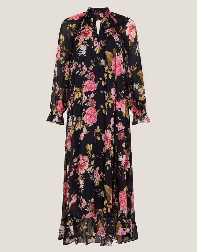 Mariel Floral Print Trapeze Midi Dress, Black (BLACK), large