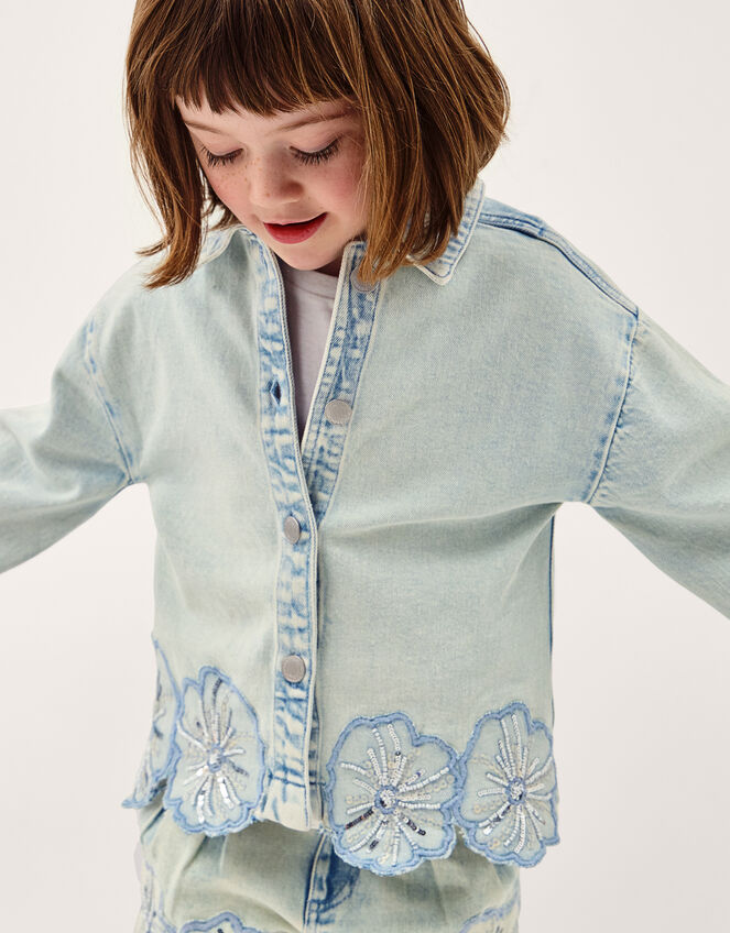 Flower Sequin Denim Jacket, Blue (BLUE), large