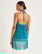 Liza Embellished Tassel Halter Top, Teal (TEAL), large