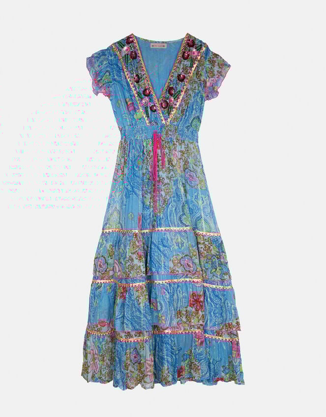 Piti Cuiti Paisley Print Tiered Maxi Dress, Blue (BLUE), large