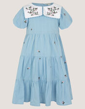 Floral Embroidered Collar Dobby Dress, Blue (BLUE), large