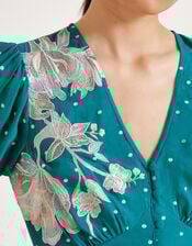 Clea Polka Dot Embroidered Dress, Teal (TEAL), large