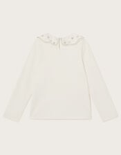 Beaded Collar Long Sleeve Rib Top, Ivory (IVORY), large
