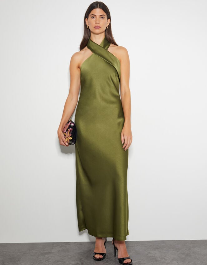 Jodie Halter Satin Maxi Dress, Green (KHAKI), large
