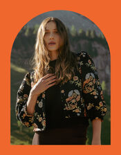 Traffic People Floral Puff Sleeve Jacket, Black (BLACK), large