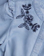 Floral Embroidered Chambray Jumpsuit, Blue (BLUE), large