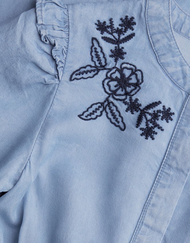 Floral Embroidered Chambray Jumpsuit, Blue (BLUE), large