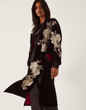Fia Floral Embroidered Velvet Kimono, Black (BLACK), large