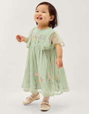 Baby Floral Embroidered Tulle Dress, Green (GREEN), large