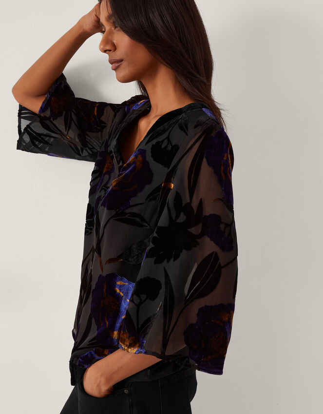 Giselle Floral Devoré Top, Blue (MIDNIGHT), large