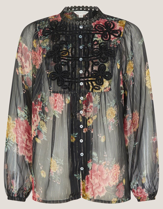 Azami Shimmer Stripe Floral Blouse, Black (BLACK), large