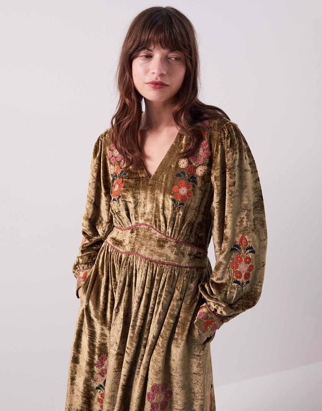 East Sophia Floral Embroidered Velvet Midi Dress, Green (GREEN), large