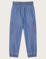 Embroidered Chambray Cargo Trousers, Blue (BLUE), large