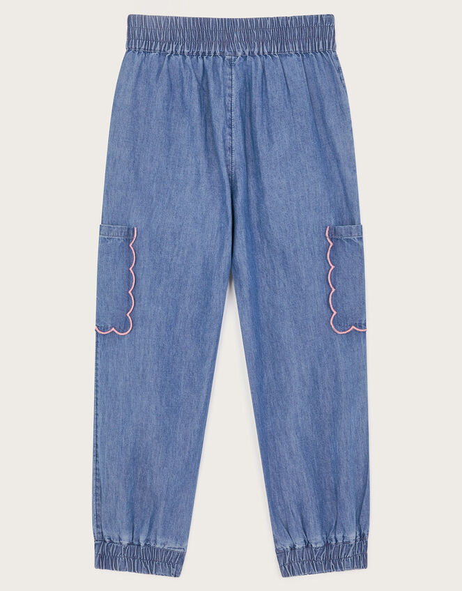 Embroidered Chambray Cargo Trousers, Blue (BLUE), large