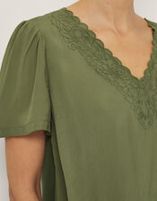 Lisa Embroidered Lace T-Shirt, Green (KHAKI), large