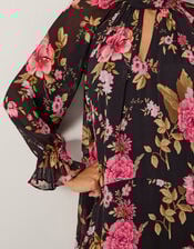 Mariel Floral Print Trapeze Midi Dress, Black (BLACK), large