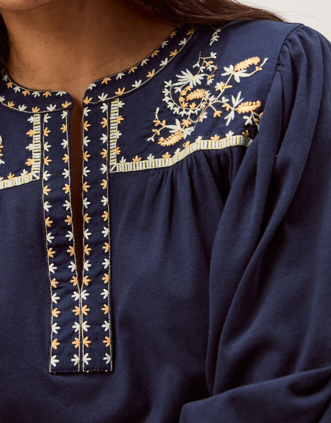Emi Embroidered Cotton Jersey Top, Blue (NAVY), large