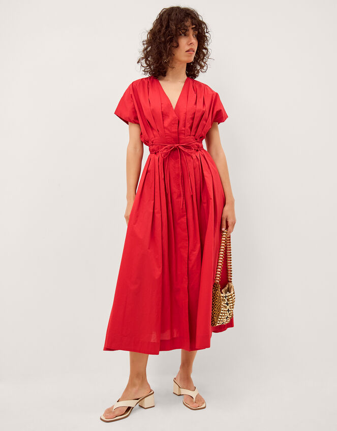 Riviera Pleated Tie Waist Midi Dress, Red (RED), large