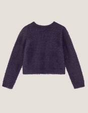 Bow Embellished Fuzzy Cardigan, Blue (NAVY), large