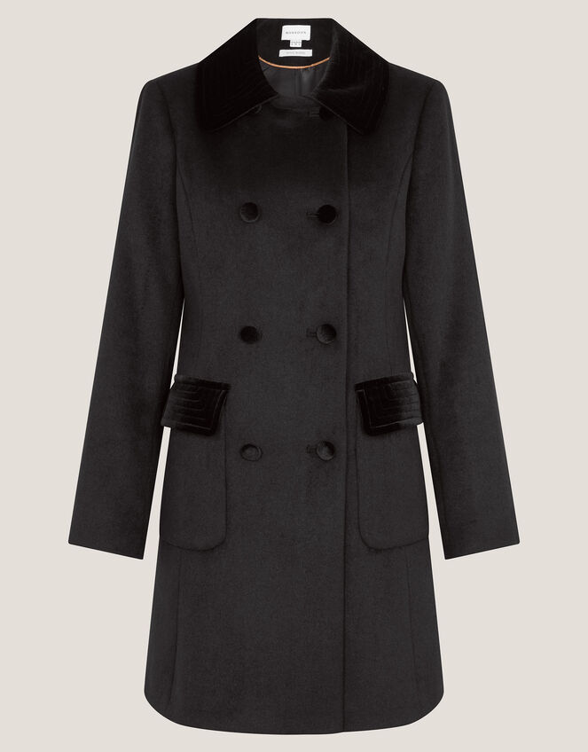 Lottie Velvet Trim Double Breasted Coat, Black (BLACK), large