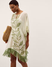 Lillie Leaf Print Fringe Mini Kaftan, , large