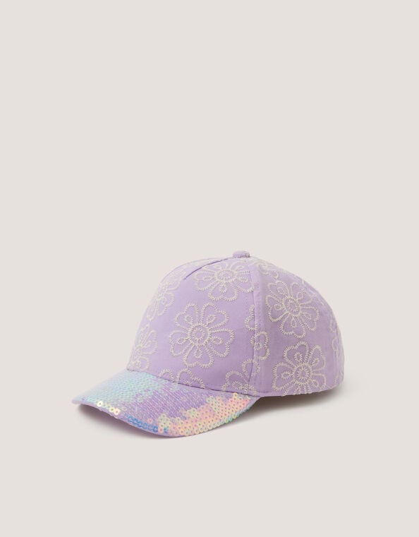 Floral Embroidered Sequin Cap, Purple (LILAC), large
