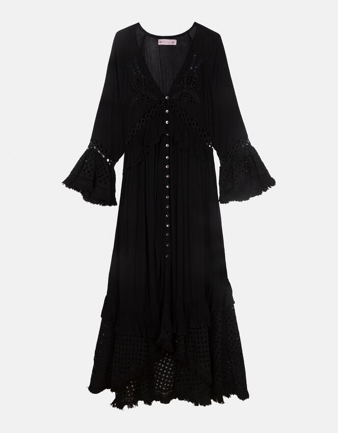 Piti Cuiti Frilly Cutwork Maxi Dress, Black (BLACK), large